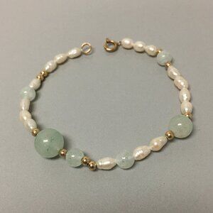Vintage 14K Gold Filled Jadeite Jade & Pearl Bracelet